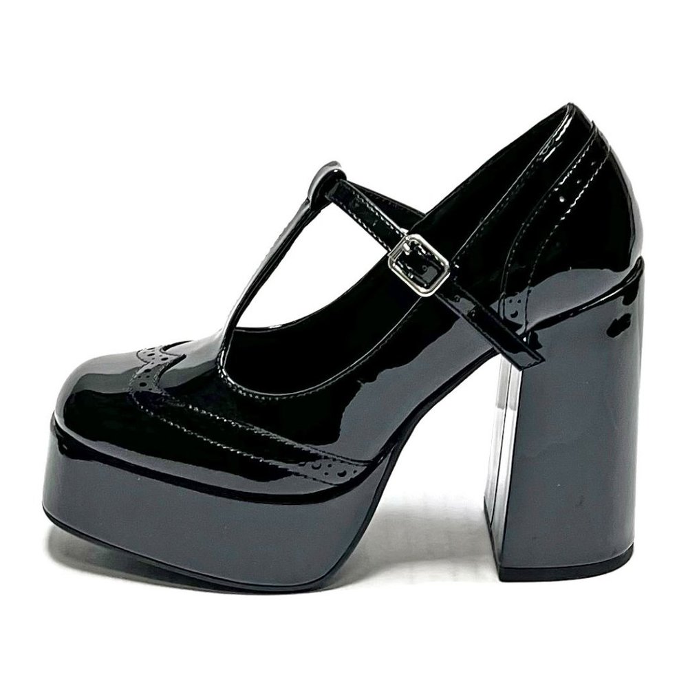 New Womens Black Patent Mary Jane Retro T-Strap Platform School Girl Pumps - Picture 2 of 5